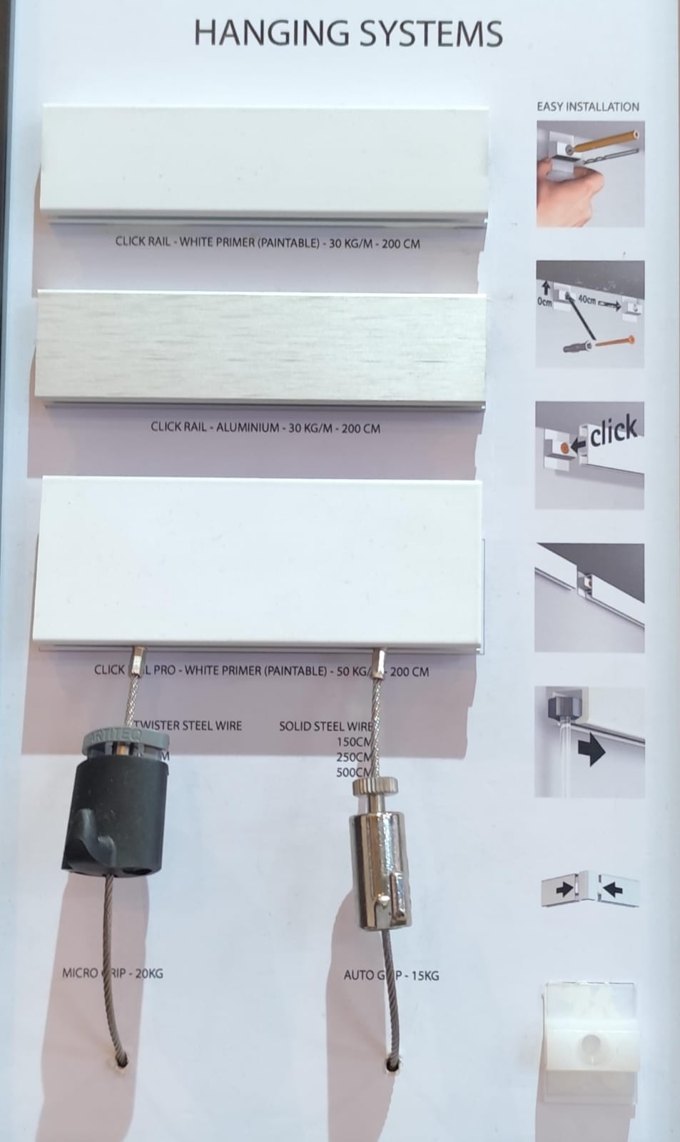 Gallery hanging rail, wire and grip sample board